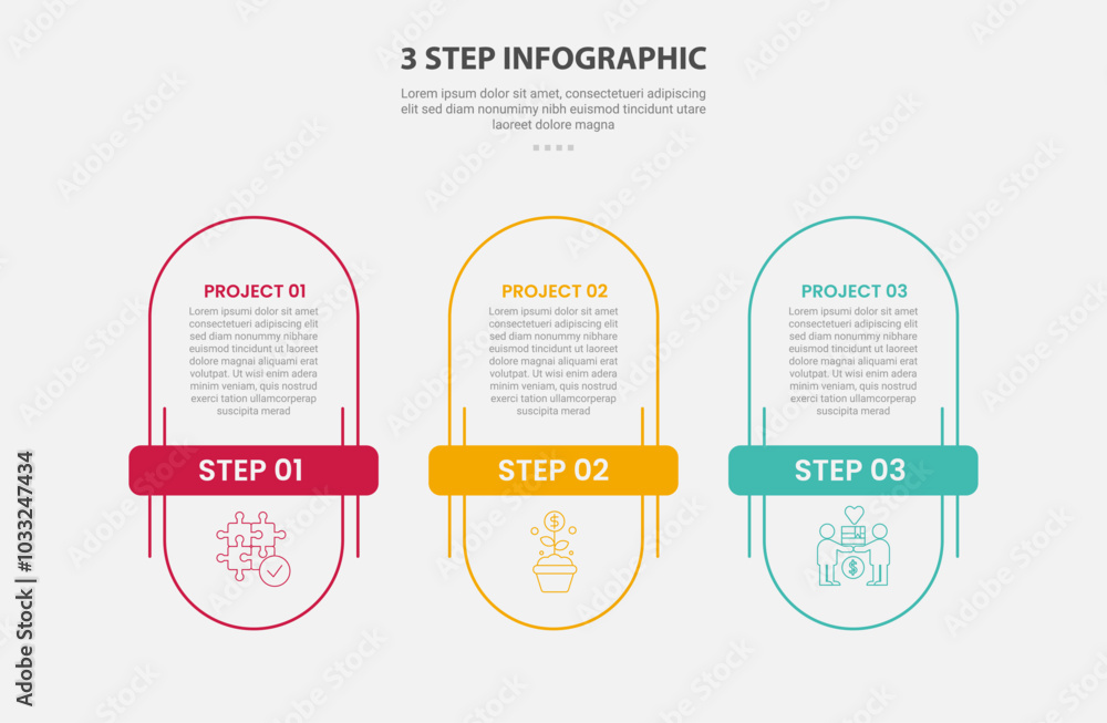 Aufkleber 3 points template infographic outline style with 3 point step template with vertical round rectangle