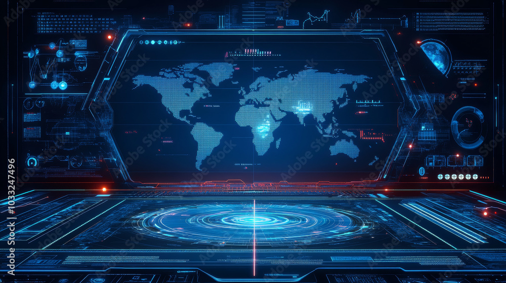 Poster a futuristic experiment with a high-tech interface, showing a digital world map on a radar screen.lo