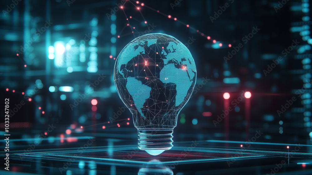 Poster how technology helps us communicate, shown by a light bulb with a futuristic globe inside.low poly d