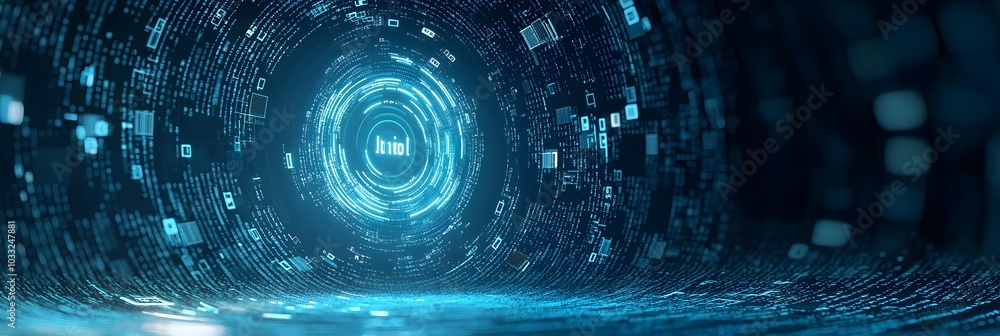 Poster Vibrant abstract showcasing binary code flowing like a dynamic digital waterfall representing the constant flow and motion of data and information in the technological realm