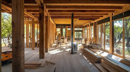 A sustainable construction site featuring the use of reclaimed wood and other recycled materials