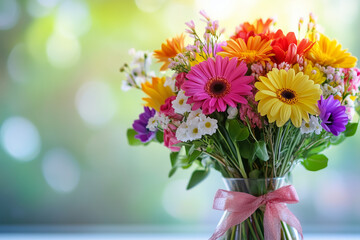Fototapeta premium Bright bouquet of colorful gerbera flowers with ribbon