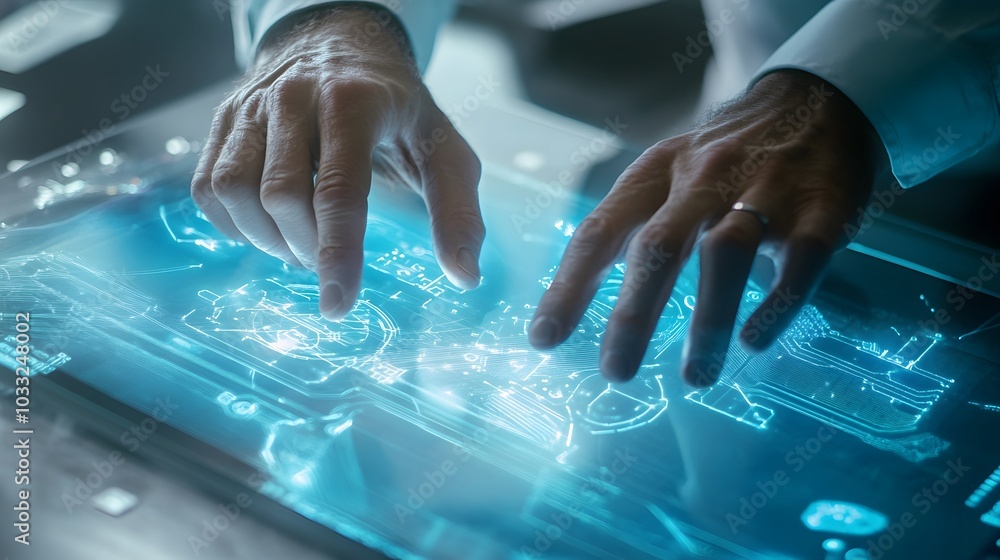 Poster a man's hands interacting with a holographic interface