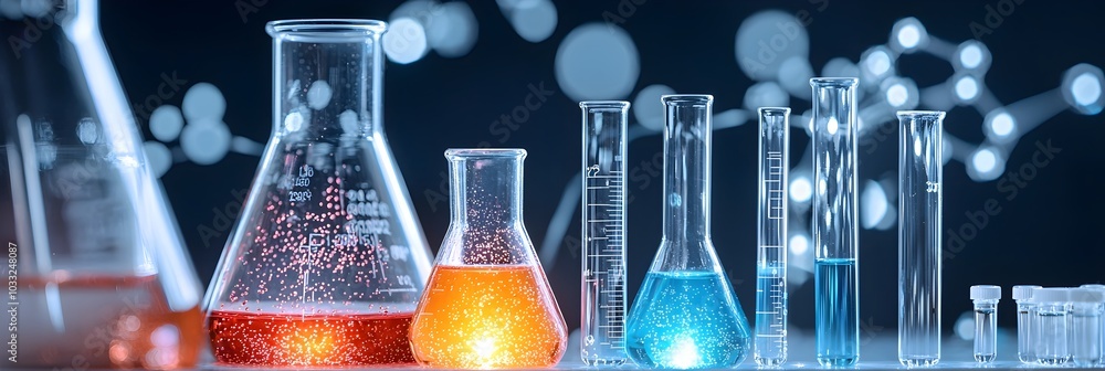 Poster Vibrant test tubes and flasks filled with colorful liquids spilling and emitting a luminous glow in a scientific laboratory setting
