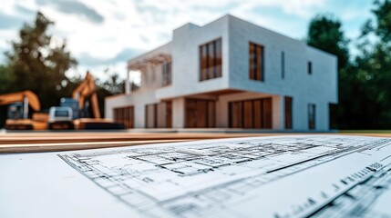 Blueprints showing the structural design of a modern building, with construction equipment in the background