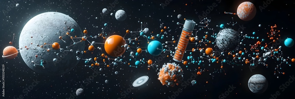 Poster visually stunning depiction of periodic table symbols floating amidst the cosmic universe showcasing