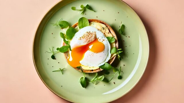 Egg benedict with liquid yolk flowing out from the poached eggs with salmon and greenery on a green plate