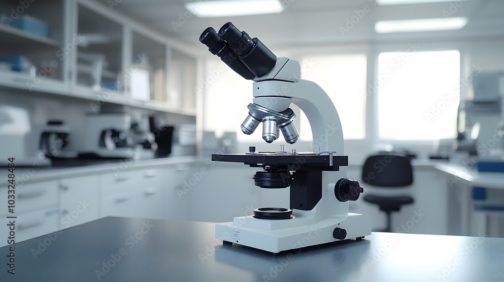Poster a microscope on a lab table in a sterile environment