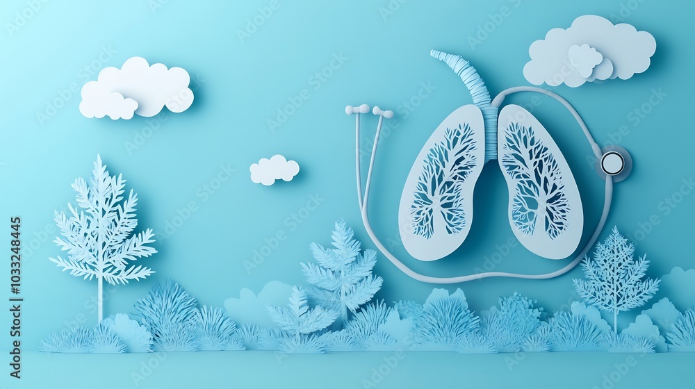 Poster paper cutout style illustration featuring lungs connected a stethoscope with trees and clouds symbol
