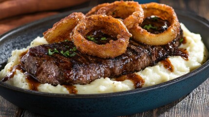 Grilled beef fillet served on a bed of creamy mashed potatoes, topped with crispy fried onion rings, on a rustic wooden table.