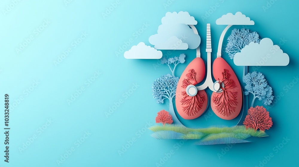 Poster paper cutout style illustration featuring lungs connected a stethoscope with trees and clouds symbol
