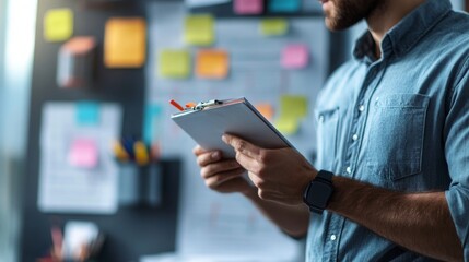 Man Reviewing Notes on Clipboard in a Business Meeting
