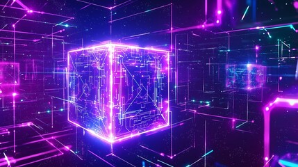 Fototapeta premium Futuristic Neon Light Cube Glowing in a Digital Matrix Environment