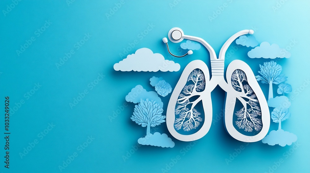 Poster paper cutout style illustration featuring lungs connected a stethoscope with trees and clouds symbol