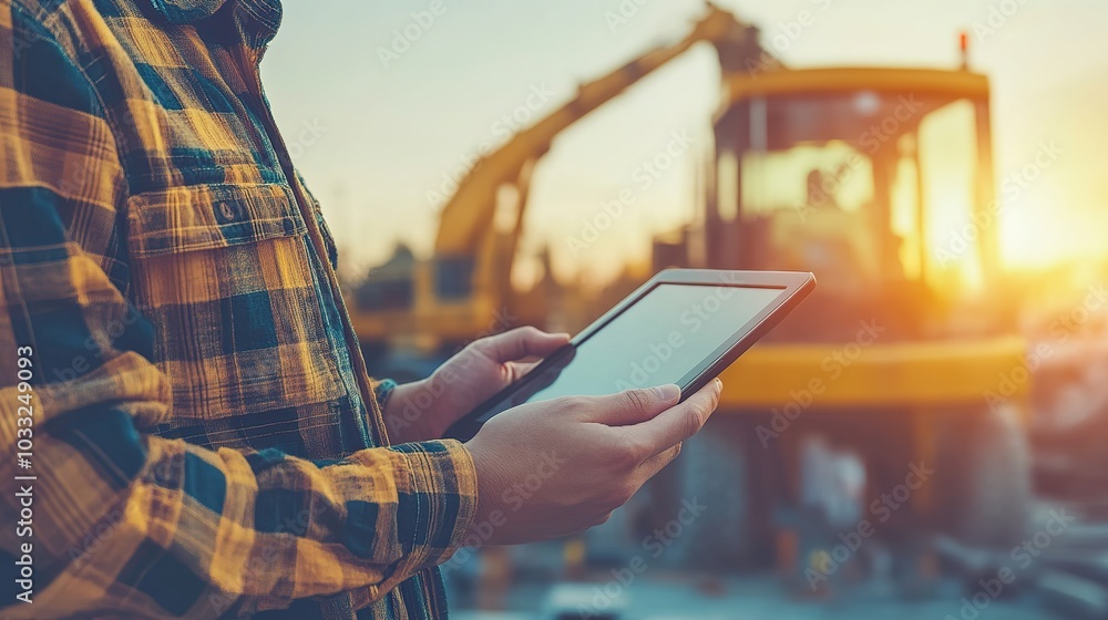 Poster construction manager using a tablet to check project details, with ongoing work in the background