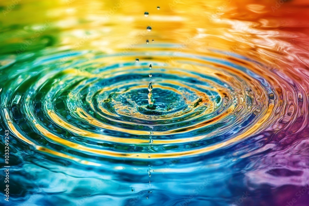 Poster a single water drop creates a colorful ripple pattern in a pool of water.