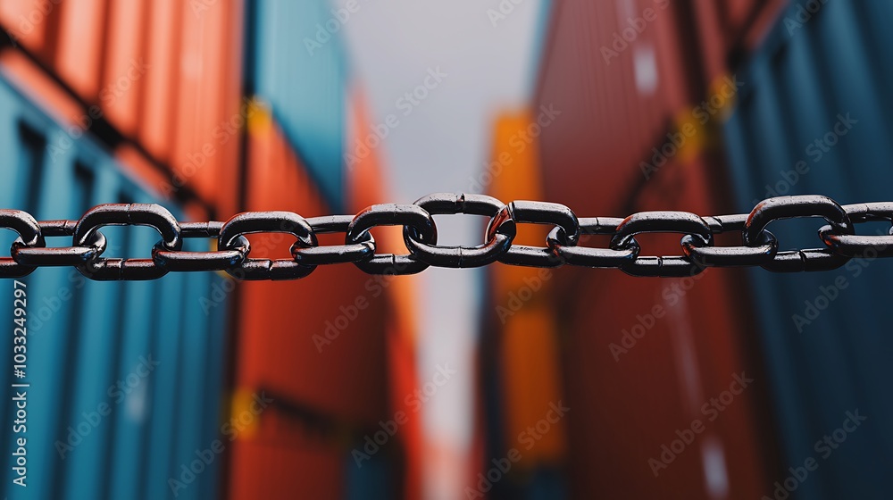 Poster a close-up view of a chain linking shipping containers demonstrating strength and security in logist