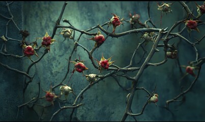 Thorny branches with red rose hips.