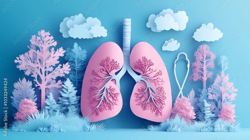 Aufkleber paper cutout vector illustration of lungs trees representing oxygen flow clouds symbolizing fresh ai