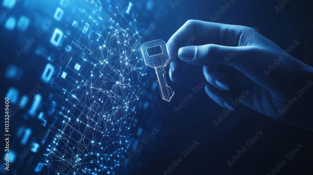 Poster a hand reaches for a key, both made of lines and points, set against a blue background filled with o