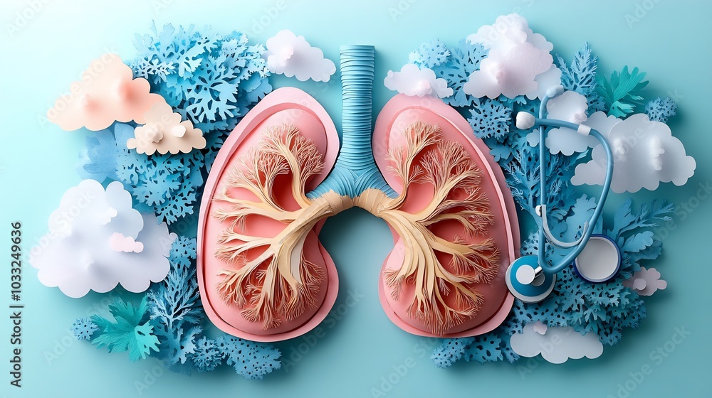 Aufkleber paper cutout vector illustration of lungs trees representing oxygen flow clouds symbolizing fresh ai