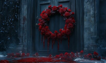 Blood dripping from rose wreath on door.