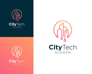 MobileCitytech logo. Building with technology vector logo design.