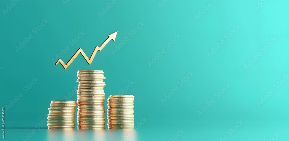 Poster digital illustration of stacks of coins with an arrow pointing up on a teal background, a stock mark