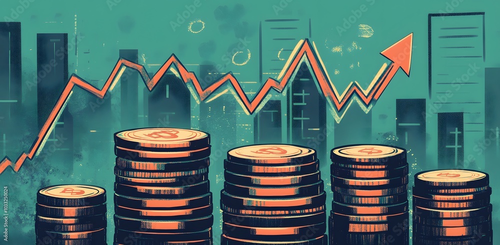Poster digital illustration of stacks of coins with an arrow pointing up on a teal background, a stock mark
