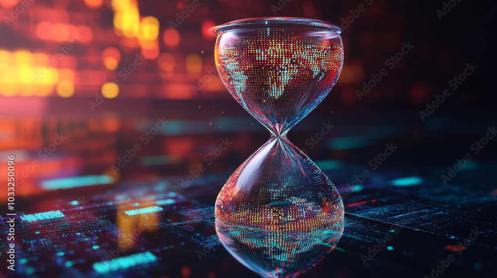 Poster the idea of technology constantly improving, shown by a traditional hourglass with the world and com