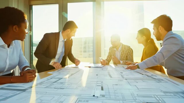 Team collaboration in a modern office during a sunset meeting discussing architecture plans and design strategies