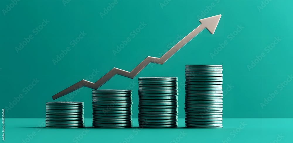 Poster digital illustration of stacks of coins with an arrow pointing up on a teal background, a stock mark