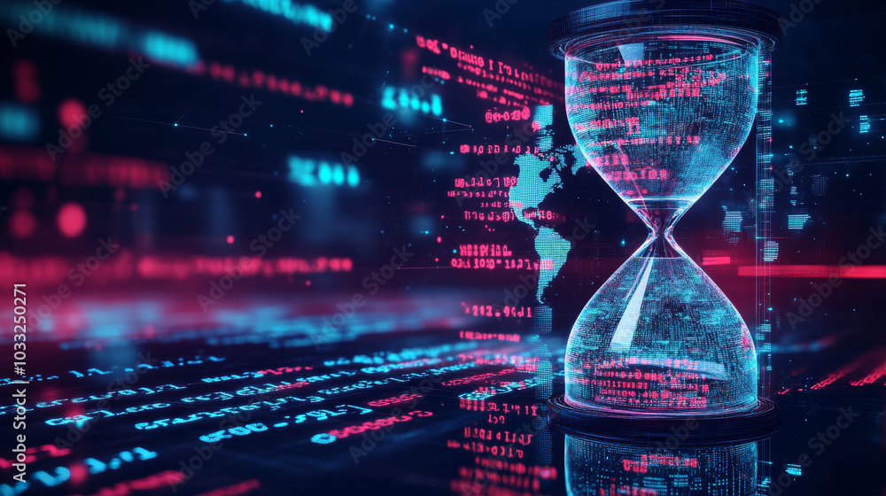Poster the idea of technology constantly improving, shown by a traditional hourglass with the world and com