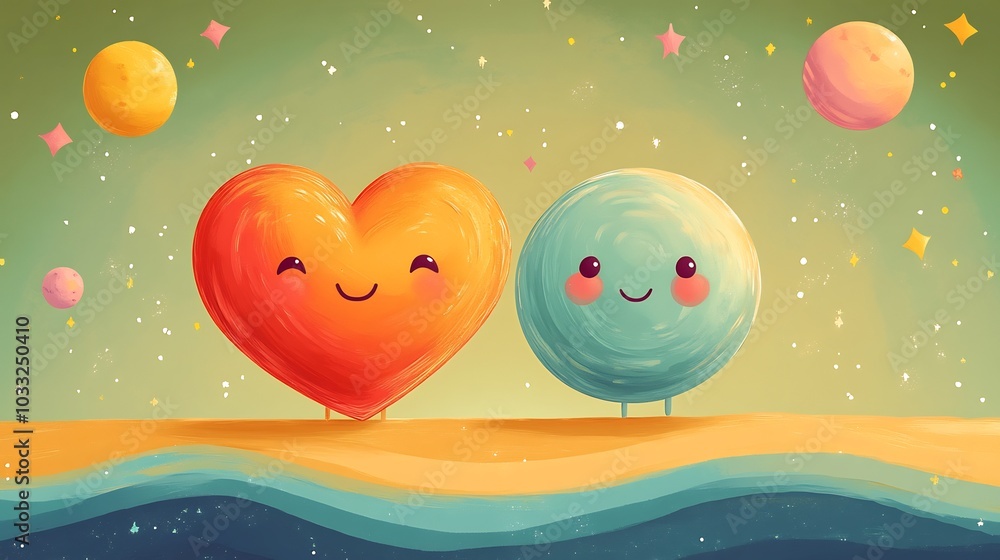 Wall mural playful illustration of cartoon heart and planet mascots in a 70s retro style set against a bright a