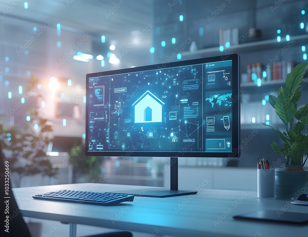 Aufkleber digital smart home system on a computer screen with icons of security, energy, and a digital house m