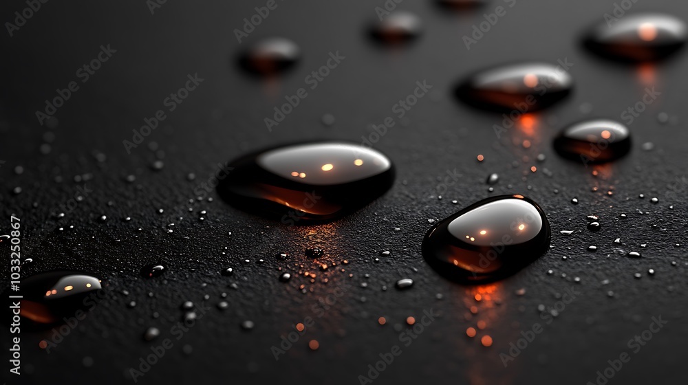 Poster captivating close-up of glimmering water droplets on a dark surface highlighting reflections and tex
