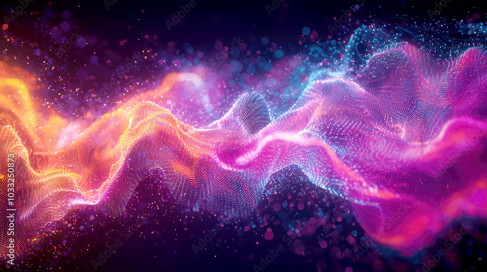 Poster a vibrant wave of colorful light and particles, creating an abstract digital landscape.