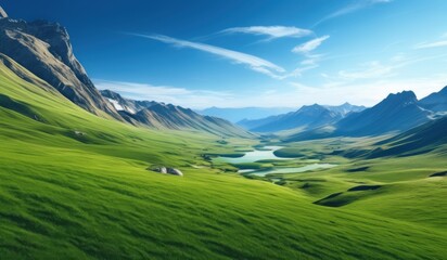 arafed view of a valley with a lake and mountains in the background