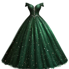 A green  floor length ball gown with a voluminous tulle skirt, green dress, green gown, fashion, isolated clipart