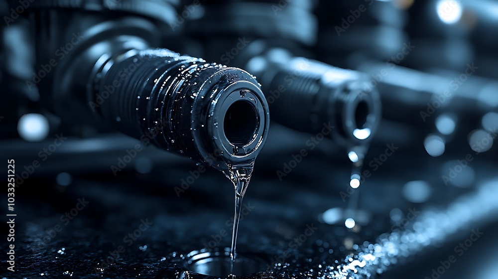 Poster close-up of water dripping from industrial fittings in a dark environment highlighting fluid dynamic