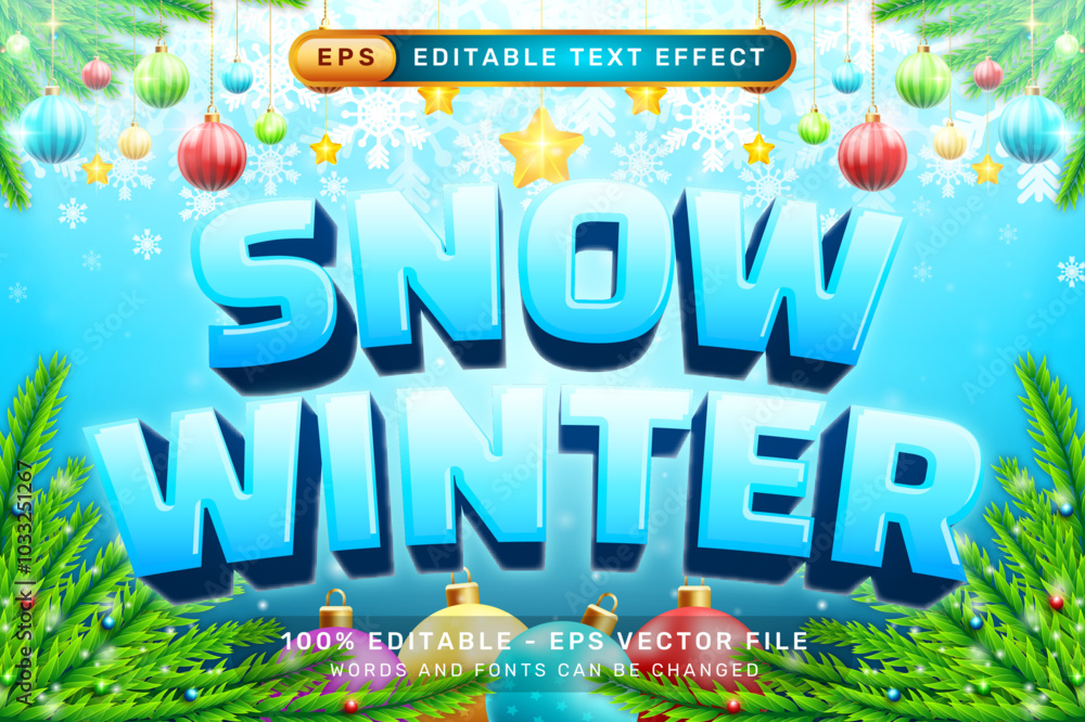 Poster snow winter 3d text effect and editable text effect with winter snow background