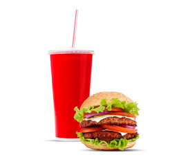 A classic combination of a cola and hamburger