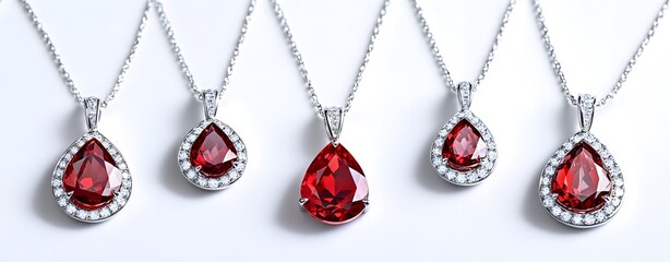 Four pendants with red stones in different shapes on a white background, with white gold chains and silver jewelry. 