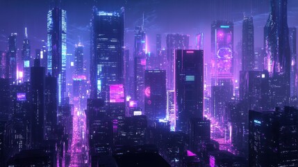 Fototapeta premium Neon-lit futuristic cityscape at night.
