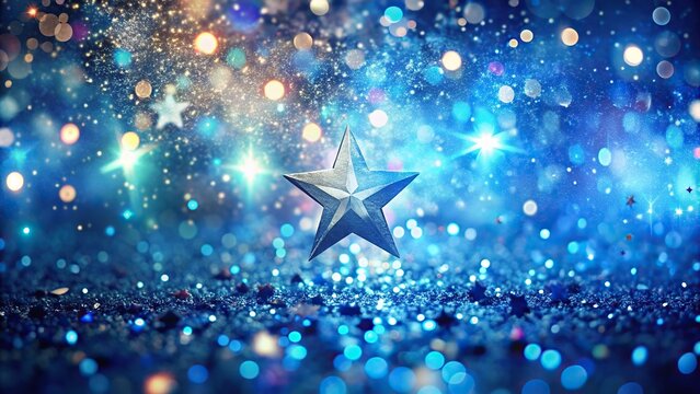 Abstract blue background with asymmetrical design, glowing light drops, stars, sparkles, and blurred confetti