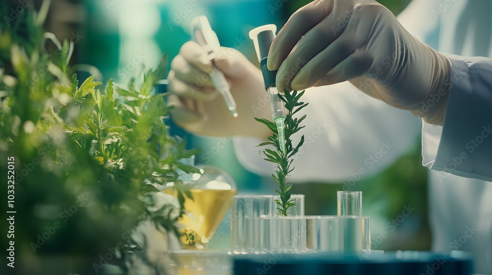 Poster scientist applying liquid to plant with syringe in a lab setting