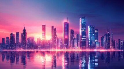 Neon city skyline reflected in water.