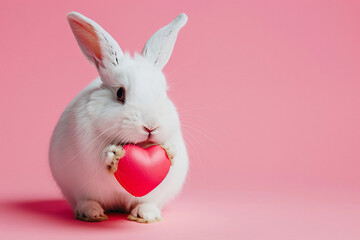 Obraz premium Cute white bunny holding pink heart in front of pastel pink background with copy space