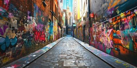 Obraz premium Colorful graffiti covers brick alley walls.