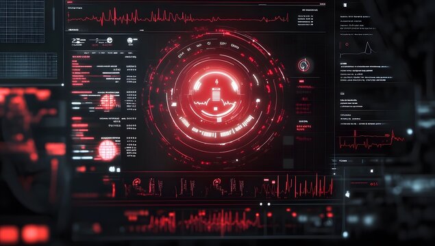 Futuristic, high-tech user interface with an AI personal assistant in the center, surrounded by digital health data. 